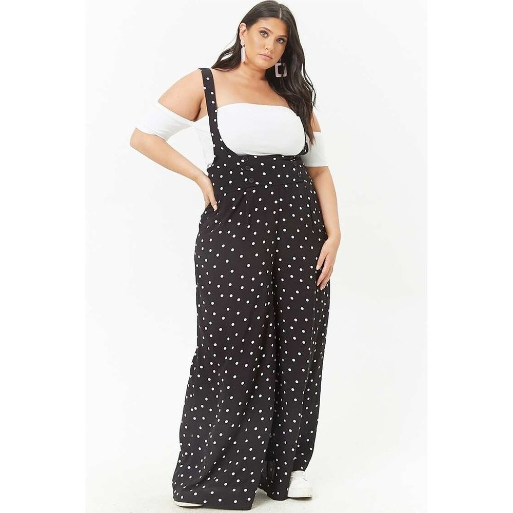 Black and white polka dot suspender pants